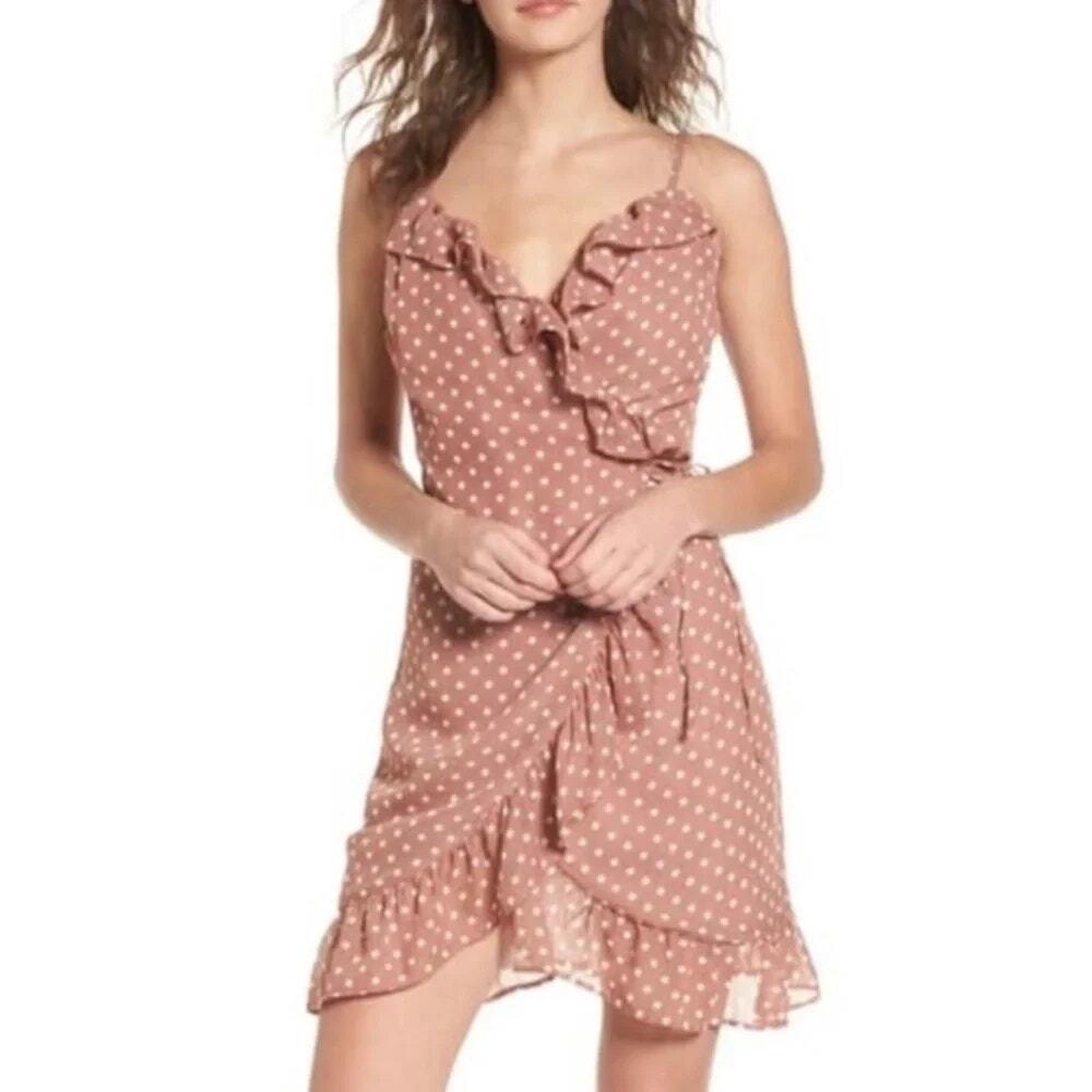 NWT BP Tan/Pink Sleeveless Polka Dot Mini Ruffle Wrap Dress Women's Size XXS